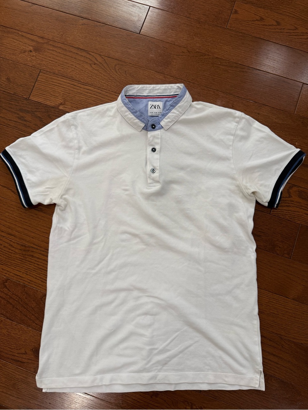 Zara White Polo with Navy Trim and Chambray Collar